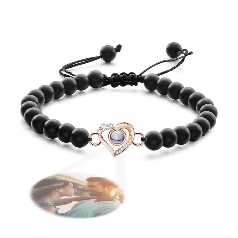 Personalisiertes Foto Projektion Perlen Armband herzförmig mit Strass - Geschenk für Sie