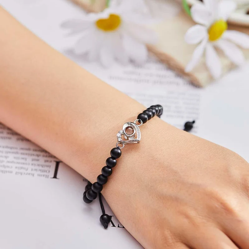 Personalisiertes Foto Projektion Perlen Armband herzförmig mit Strass - Geschenk für Sie