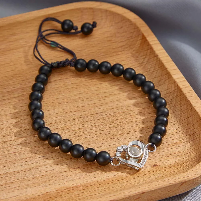 Personalisiertes Foto Projektion Perlen Armband herzförmig mit Strass - Geschenk für Sie