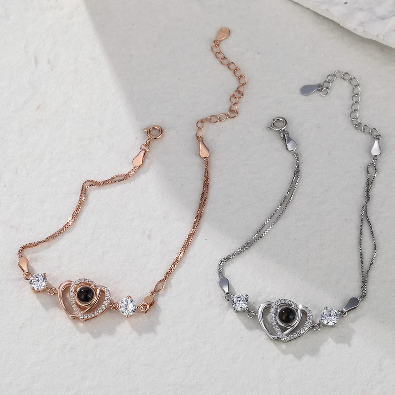 Doppel Herz Foto Projektion Armband mit Zirkonia