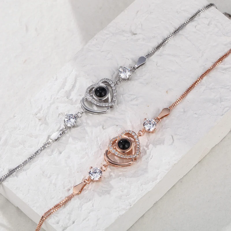 Doppel Herz Foto Projektion Armband mit Zirkonia