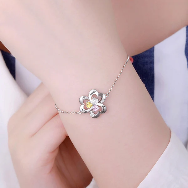 Drei-Herz-Geburtsstein Armband, Silver mit Gravur