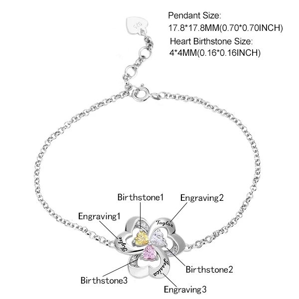 Drei-Herz-Geburtsstein Armband, Silver mit Gravur